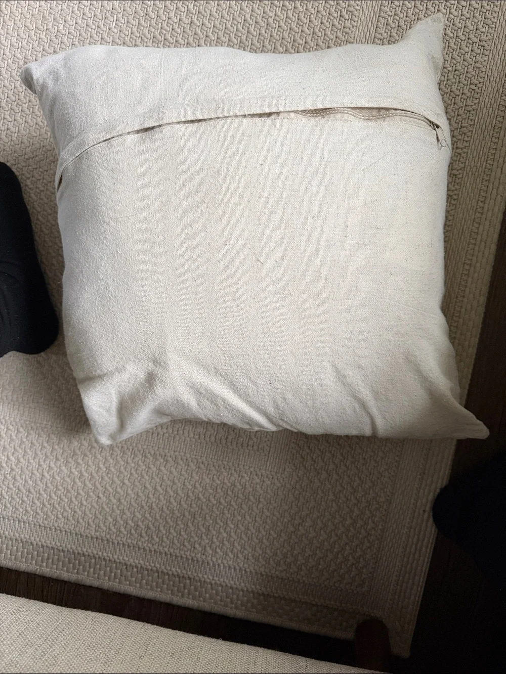 Decorative Cream Throw Pillow with Navy Striped Ruffle Flower
